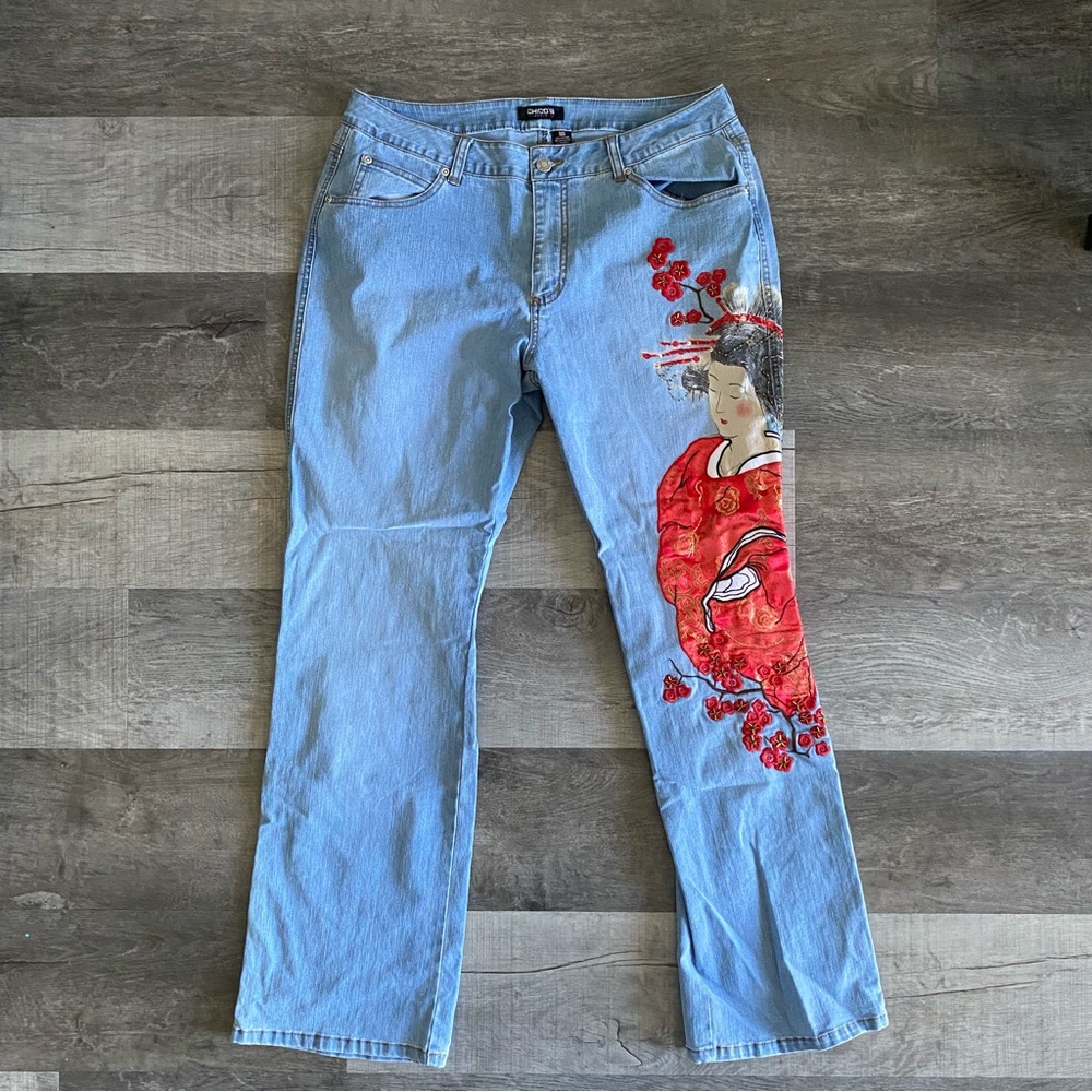 Chico's Denim Straight Japanese Print Light Wash